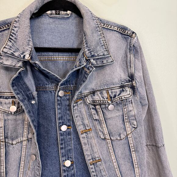 Lea Viola Denim Jacket Womens S Blue 2 Tone Patch Trucker Collared Button Casual - Picture 5 of 8